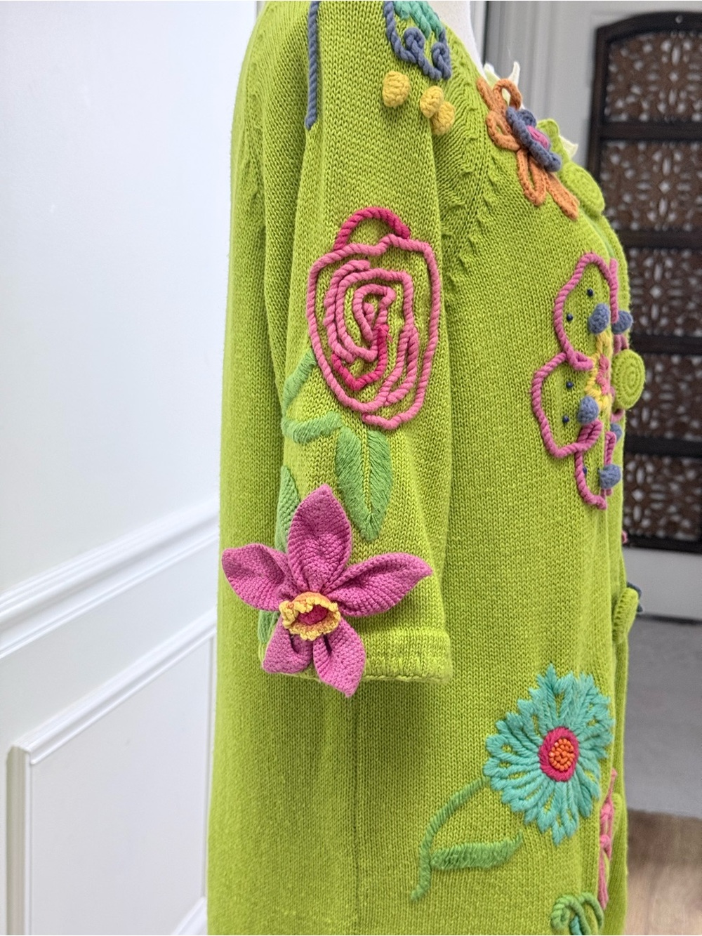 Vintage Cervelle 3D Floral Embroidered Beaded Novelty Cardigan Lime Green M - Picture 11 of 15